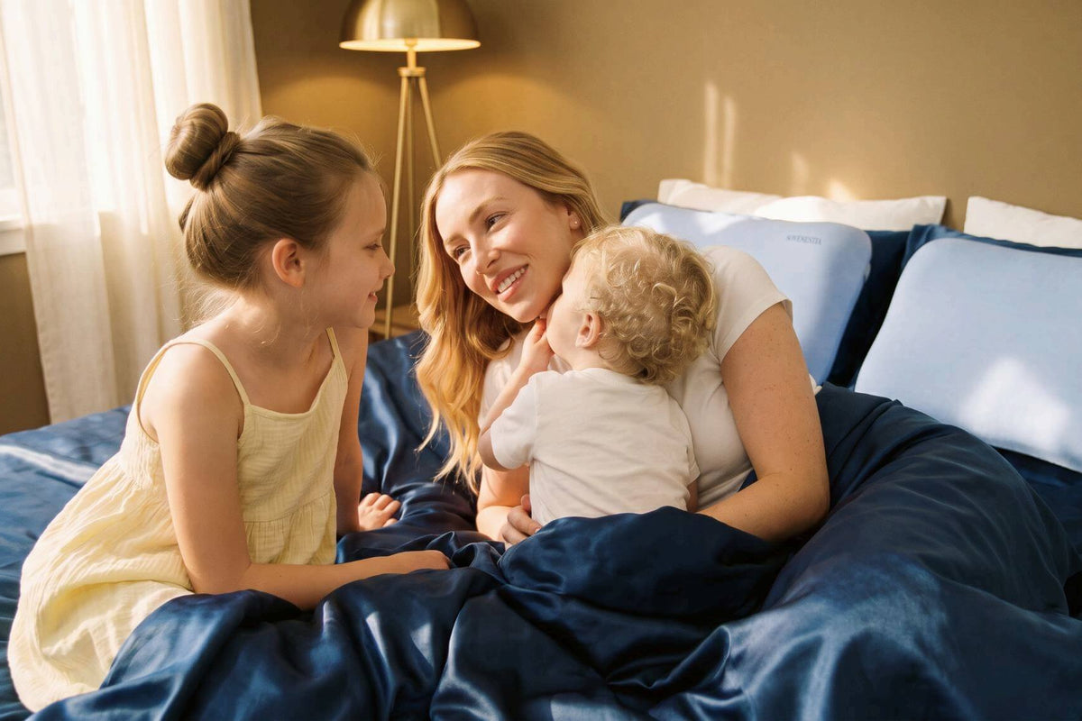 A mother and her two children sit smiling on a bed with Sovinestia blue pillows on it