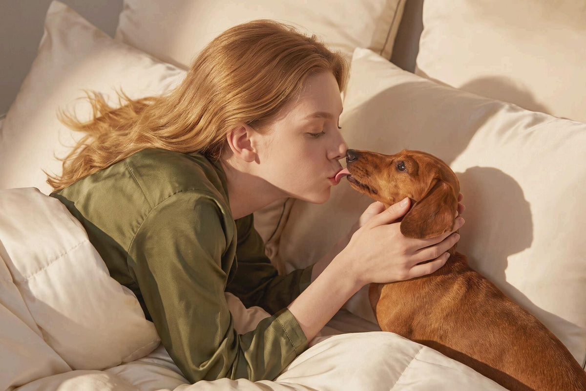 A woman kisses her pet dog, enjoying a peaceful bedtime