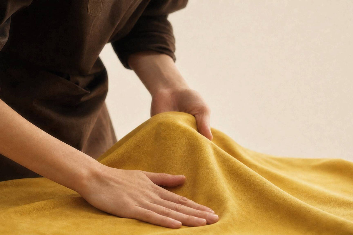 A person's hands smooth out a mustard yellow fabric to show that Sovenestia uses the premium material