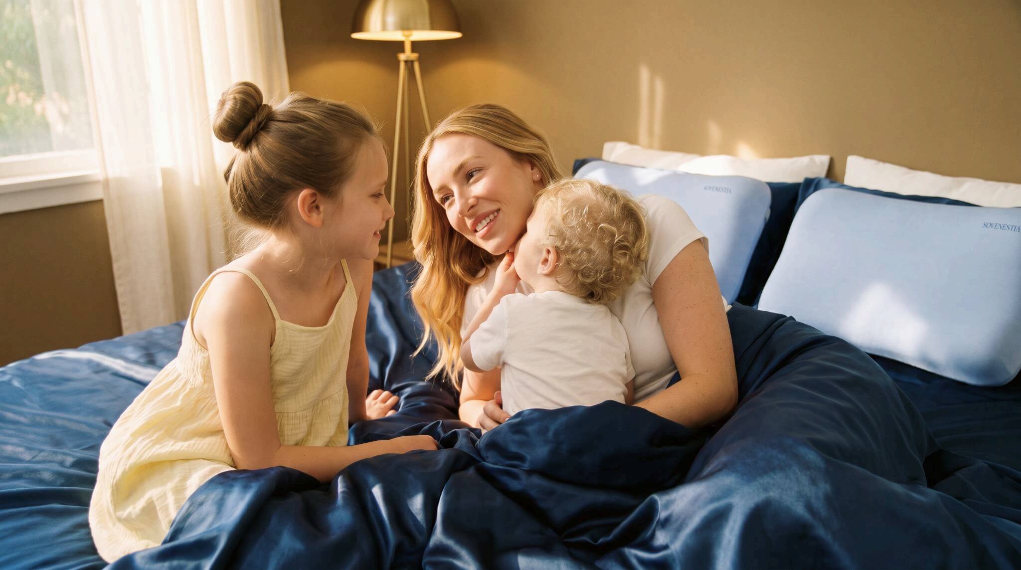A mother and her two children sit smiling on a bed with Sovinestia blue pillows on it