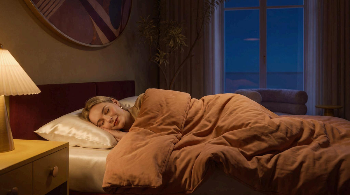 A woman sleeping soundly in bed, covered with a Sovenestia warm terracotta lightweight comforter