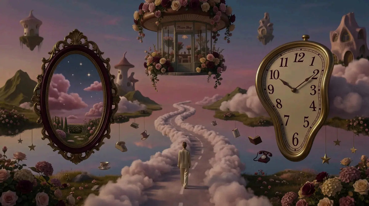 Sovenestia, the Dream Weaver surreal dreamscape with a melting clock, ornate mirror, mountains and flowers for beautiful dreams