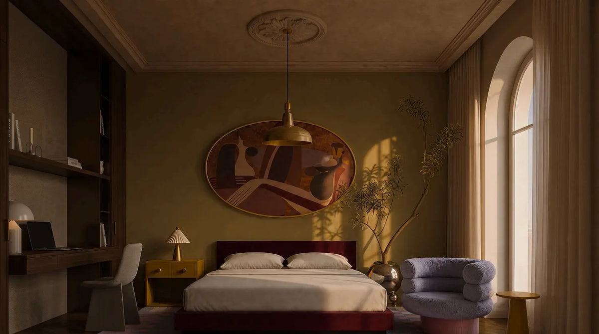 A styled bedroom with a centered bed and warm sunlight through an arched window