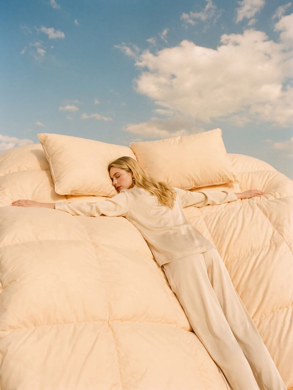 A woman lies on a comfortable bedding set with matching pillows under a blue sky with clouds.