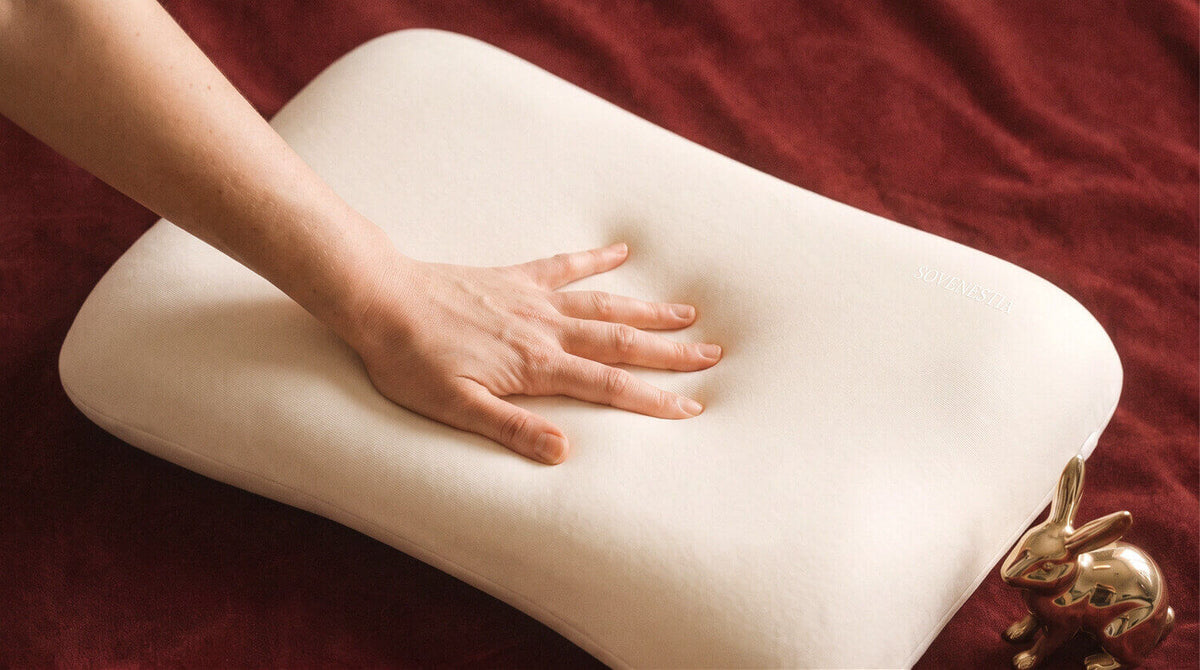 A person's hand pressing into a white pillow core to show that the memory foam material slow rebound