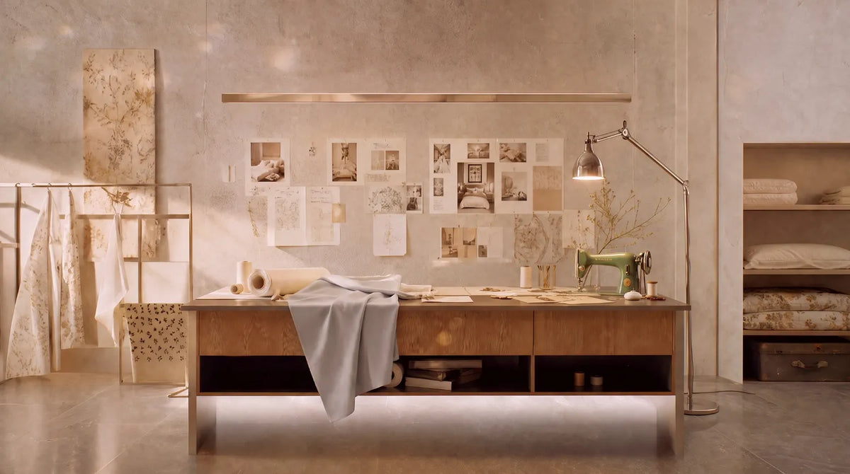 Sovenestia Design Studio: featuring a wooden working desk with some design drafts and fabrics on top, styled ideas, and a nice lamp.