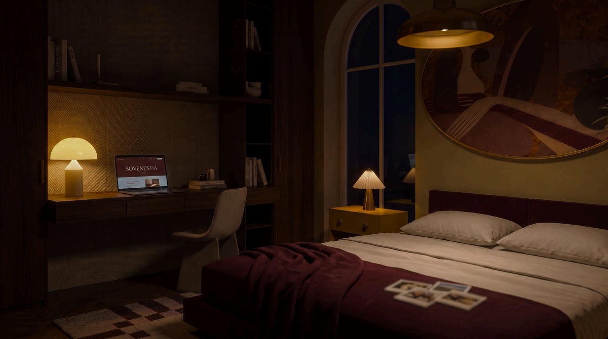 A cozy, dimly lit bedroom in Sovenestia brand color tone