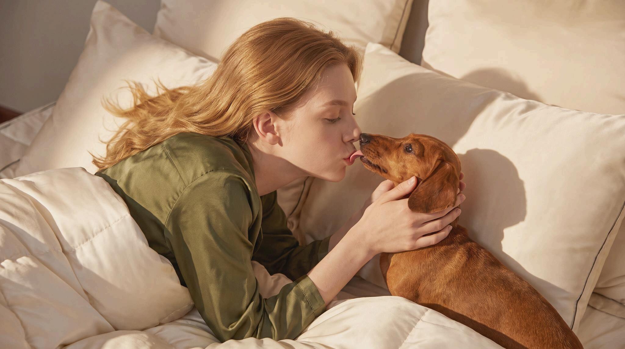 A woman kisses her pet dog, enjoying a peaceful bedtime