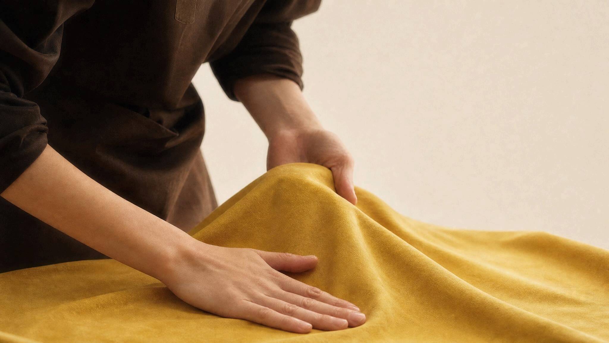 A person's hands smooth out a mustard yellow fabric to show that Sovenestia uses the premium material